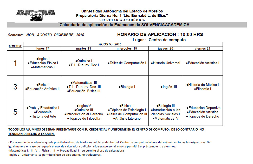 CALENDARIO EXAMENES SOLVENCIA ACADEMICA NON 2015