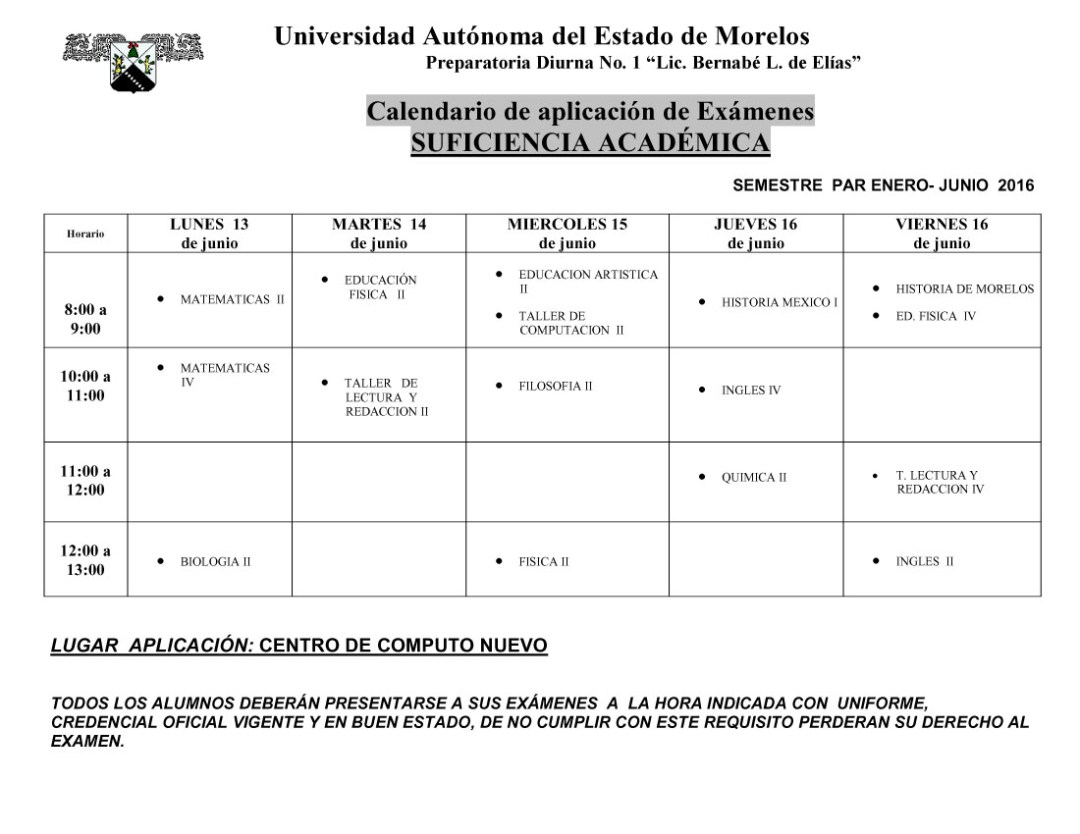 CALENDARIO EXAMENES  SUFICIENCIA ACADEMICA -CON HORARIOS1 copia
