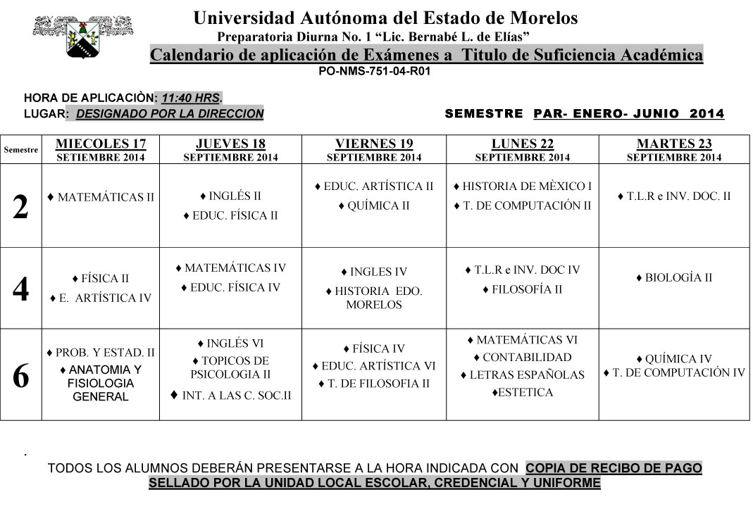 Calendario Examen  TITULO SUFICIENCIA ENE-JUN..2014