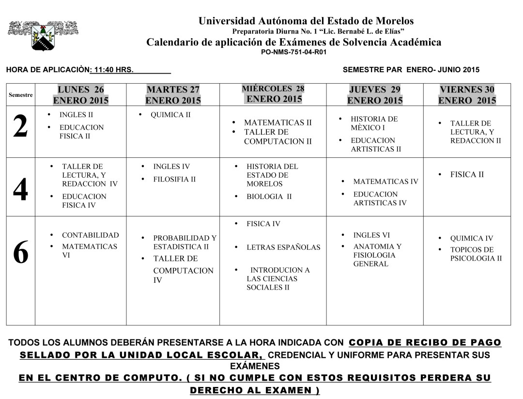 Calendario Examen Solvencia ENE- JUN-15