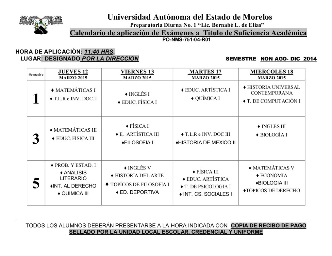 Calendario Examen  TITULO SUFICIENCIA ENE-JUN..2014