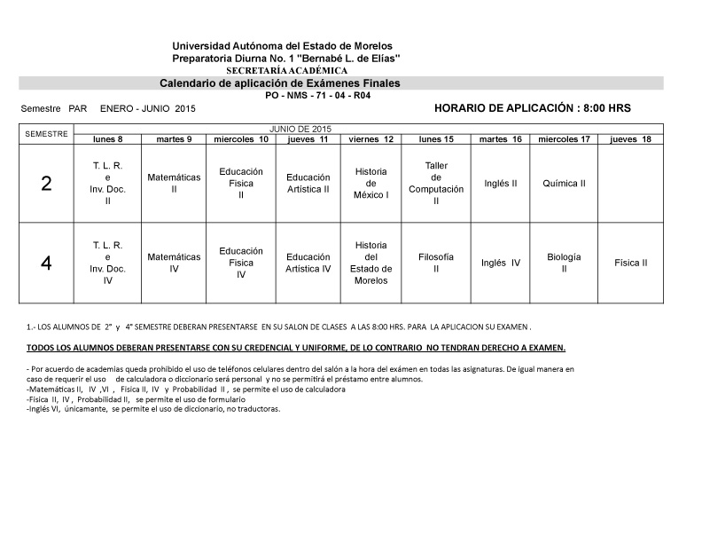 CALENDARIO EXAM FINALES 2-¦ Y 4-¦ SEM. PAR ENERO-JUNIO  2015