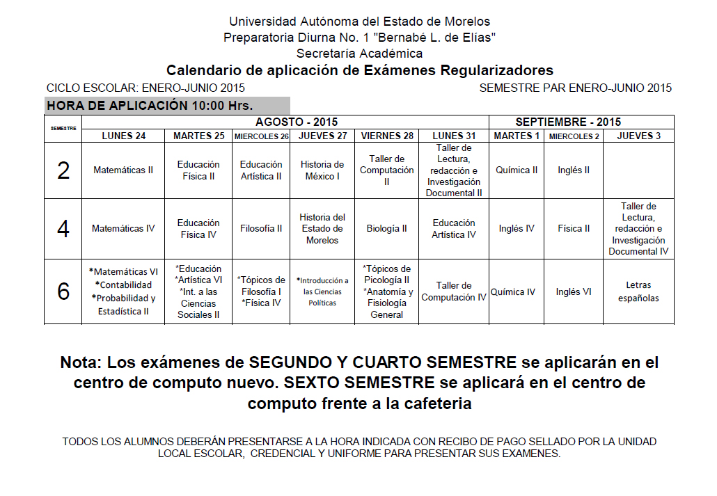 CALENDARIO EXAMENES REGULARIZADORES AGO-DIC 2015