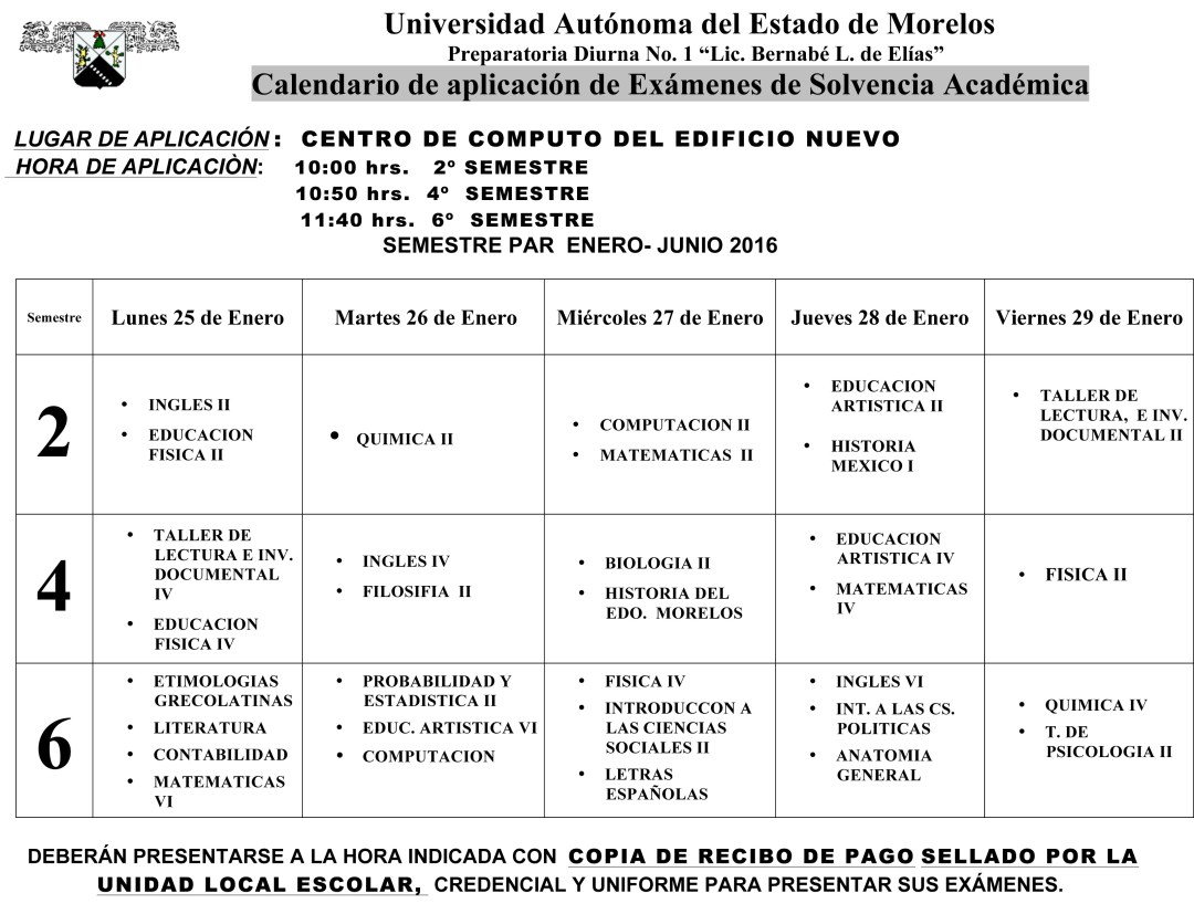 Calendario Examen Solvencia ENE- JUN-16