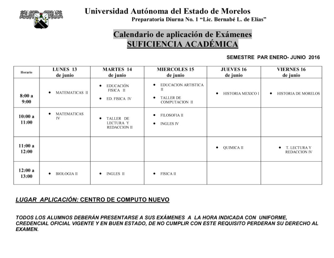 CALENDARIO EXAMENES SUFICIENCIA ACADEMICA -CON HORARIOS1 copia