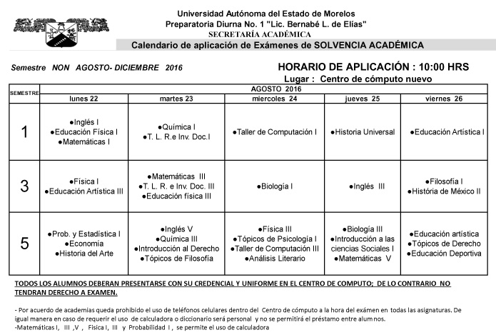 CALENDARIO EXAMENES SOLVENCIA ACADEMICA NON AGO