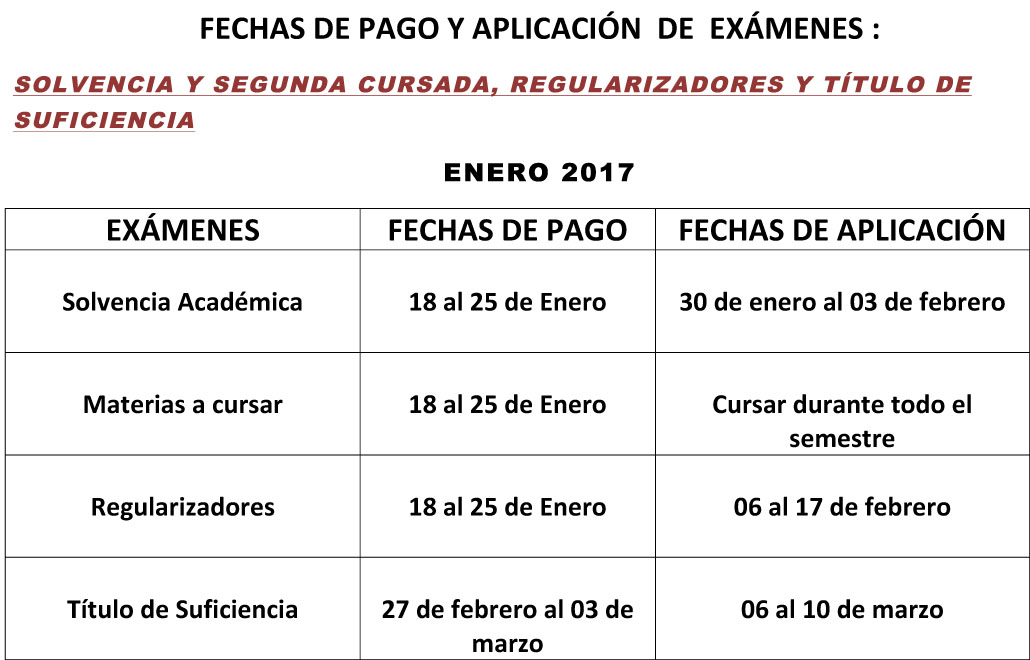 FECHAS DE APLICACI+N Y  PAGO DE  EXAMENES 2017